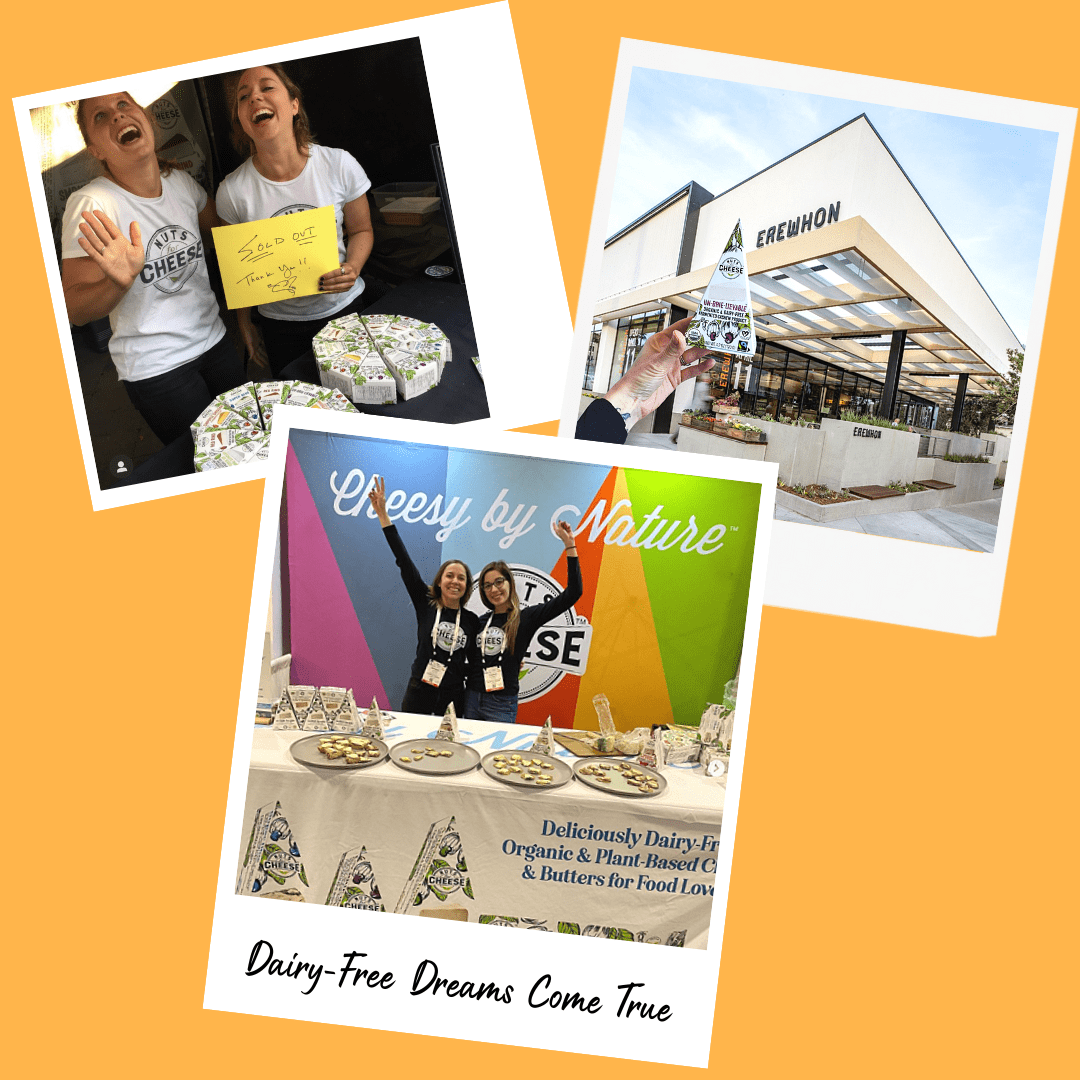 Collage of polaroid style pictures showing Nuts For Cheese team at tradeshows and a wedge of dairy-free cheese in front of an Erewhon store.