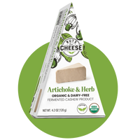 Nuts For Cheese™ Organic & dairy-free fermented Artichoke & Herb cheese wedge package on a green circle background
