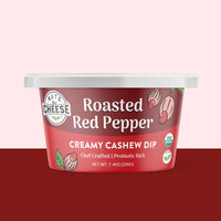 Container of Nuts For Cheese Roasted Red Pepper Creamy Cashew Dip with a red background