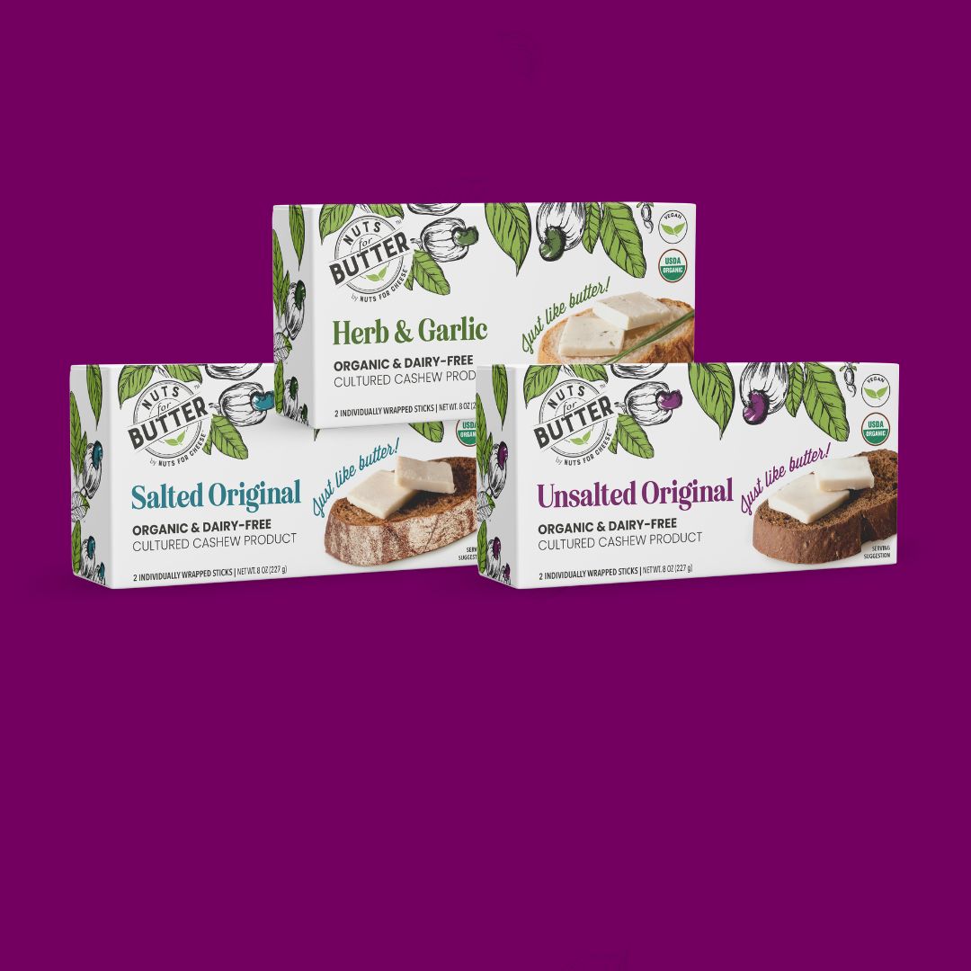 The Nuts For Butter™ collection of dairy-free butter products on a purple background