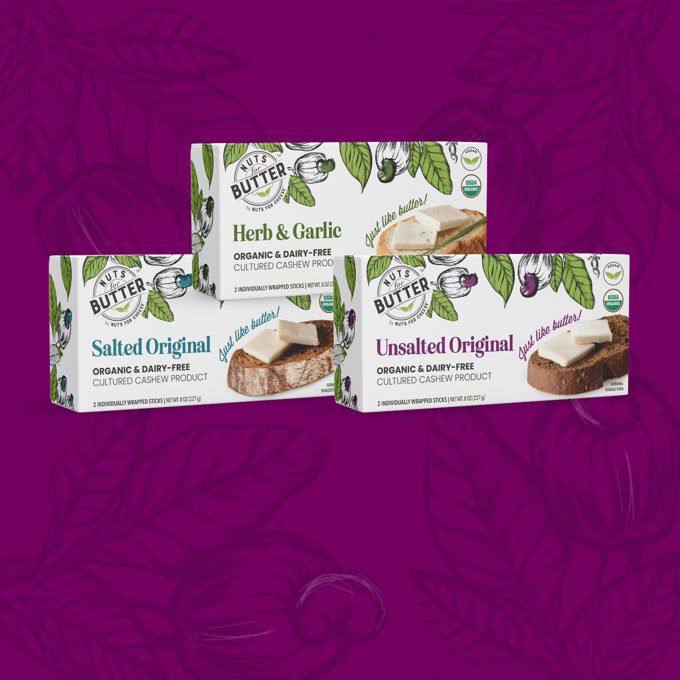 The Nuts For Butter™ collection of dairy-free butter products on a purple cashew flower background