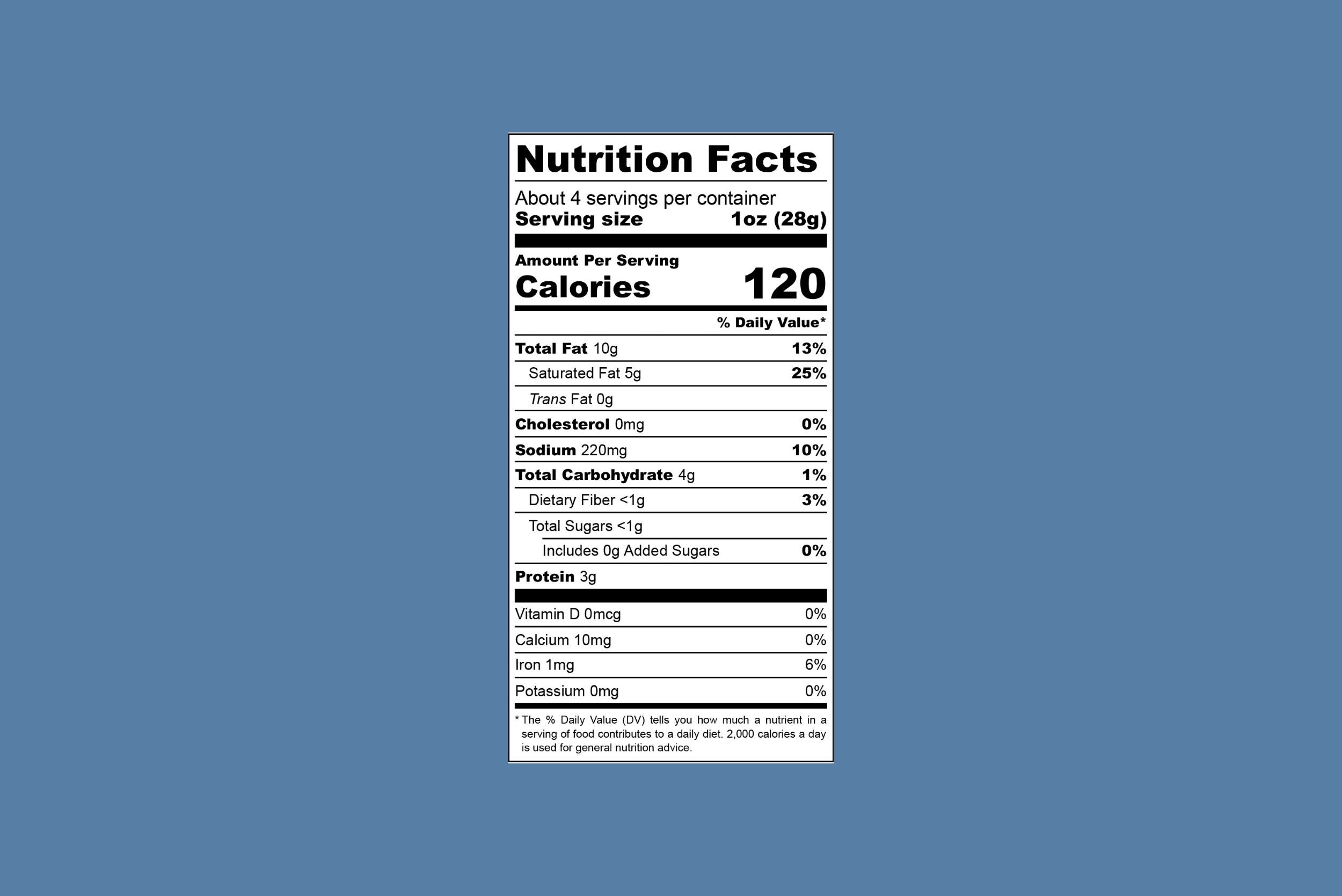 Super Blue Cashew Vegan Cheese Nutrition Facts Blue Background