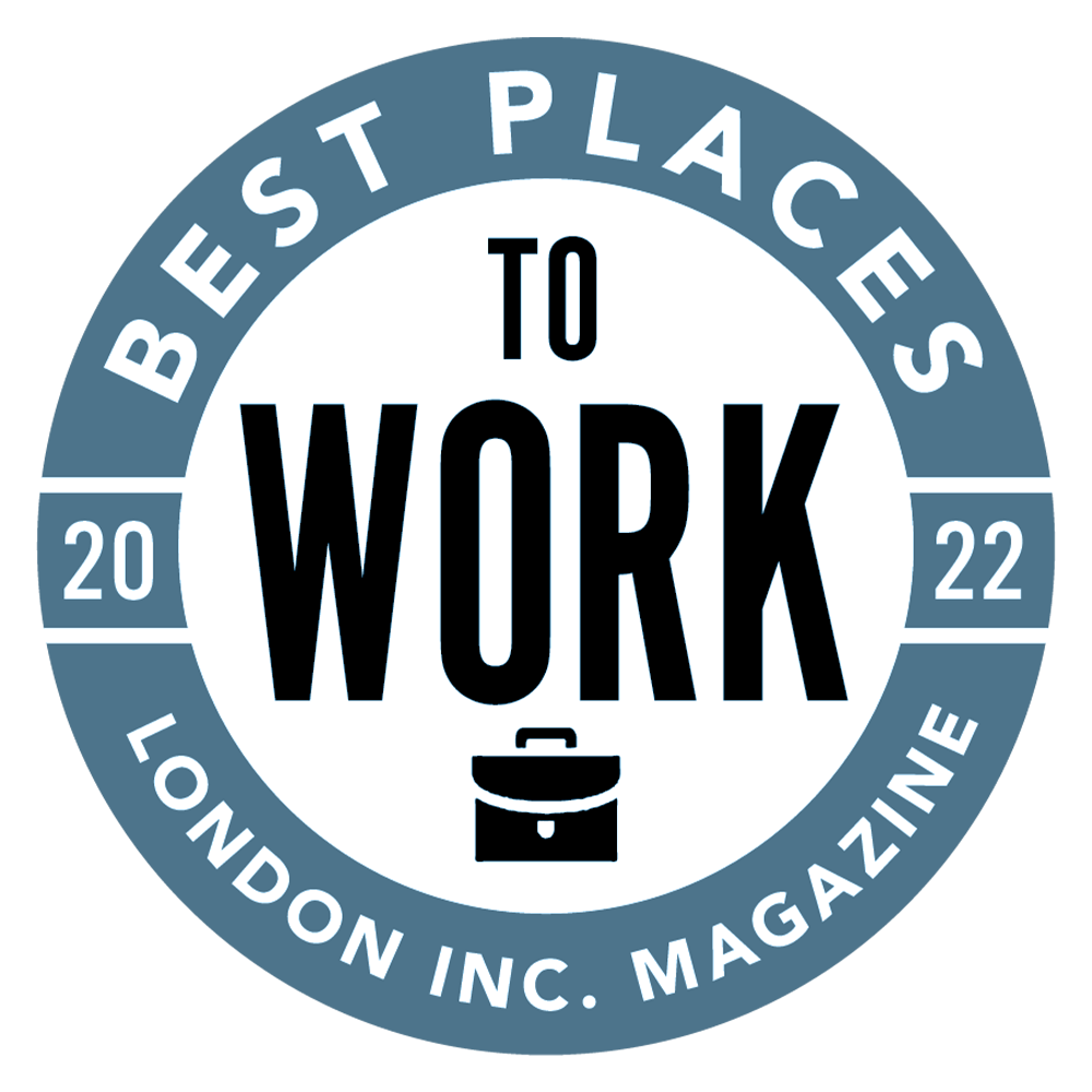 Blue logo for best places to work in 2022 by London Inc. Magazine
