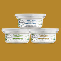 All three Nuts for Cheese organic dairy-free cream cheese flavours with gold background