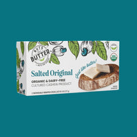 Nuts for Cheese Salted Original organic and dairy-free butter box with teal background