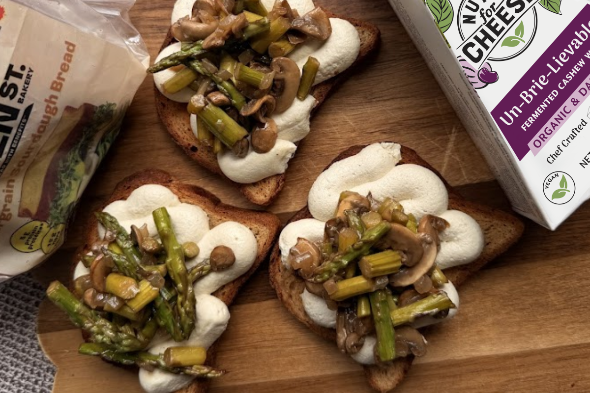 Vegan Whipped Brie Asparagus Bruschetta Toasts