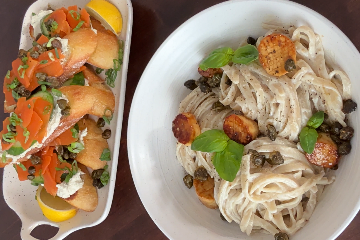 King Oyster Scallop & Crispy Caper Pasta with Salmon Crostinis