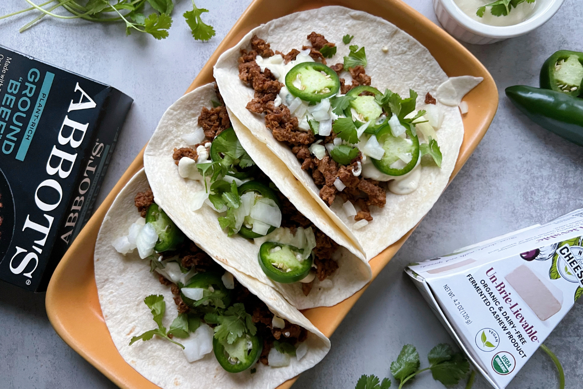 Ground "Beef" Tacos with Un-Brie-Lievable™ Cilantro Crema