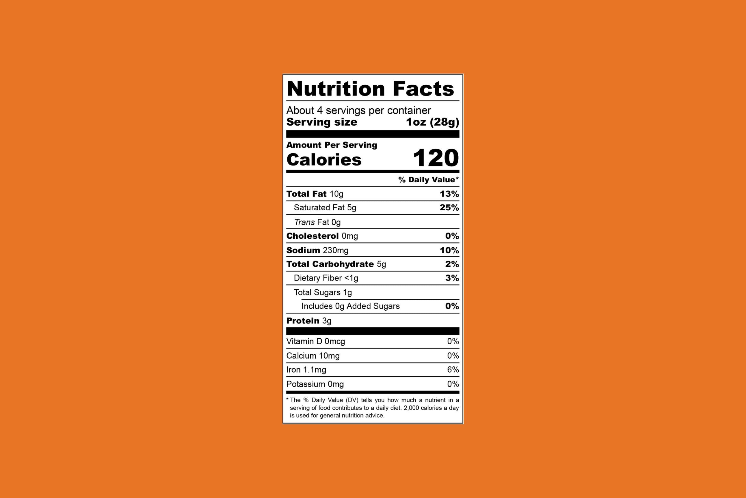 Chipotle Cheddar Cashew Vegan Cheese Nutrition Facts Orange Background