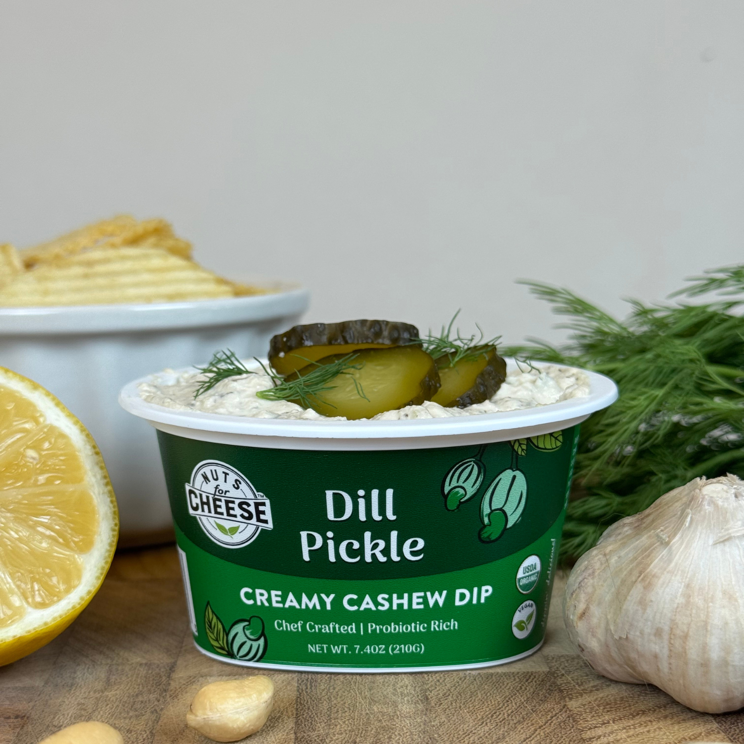 open container of Nuts For Cheese Dill Pickle dip