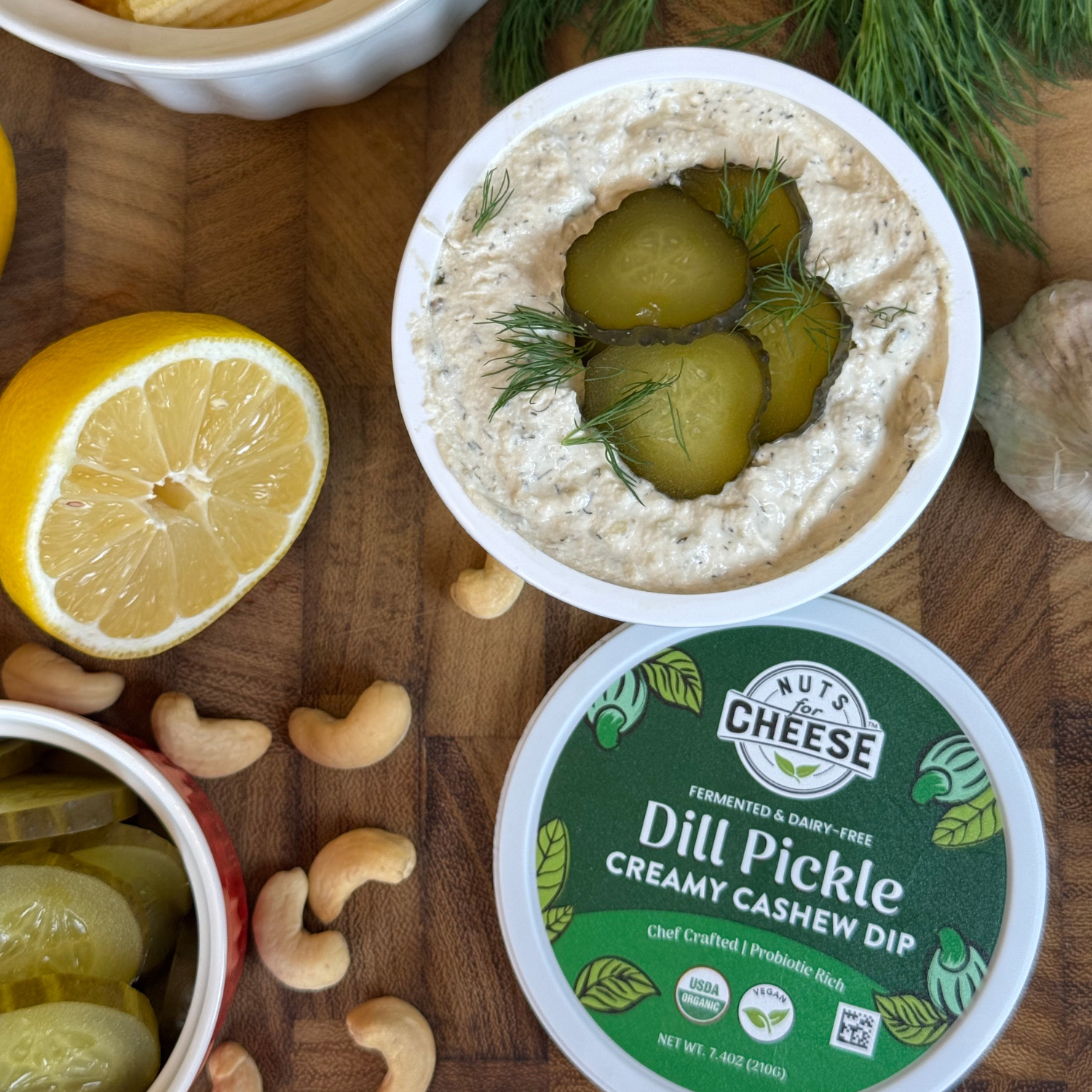 Nuts For Cheese open container of Dill Pickle dip