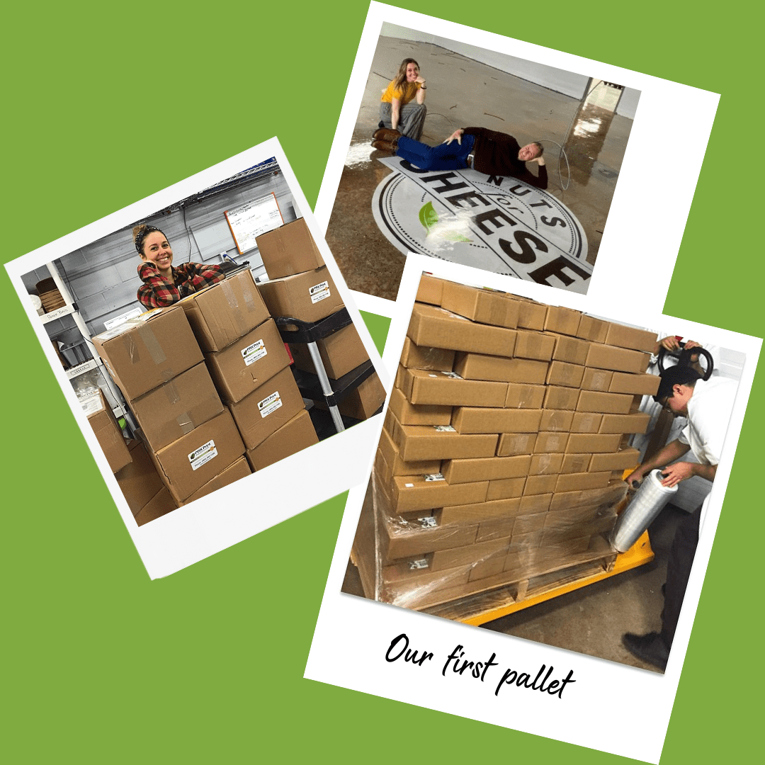 Collage of polaroid style pictures showing Nuts For Cheese first pallet of product and new warehouse.