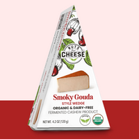 Nuts for Cheese Smoky Gouda organic and dairy-free cheese wedge box with red two toned background