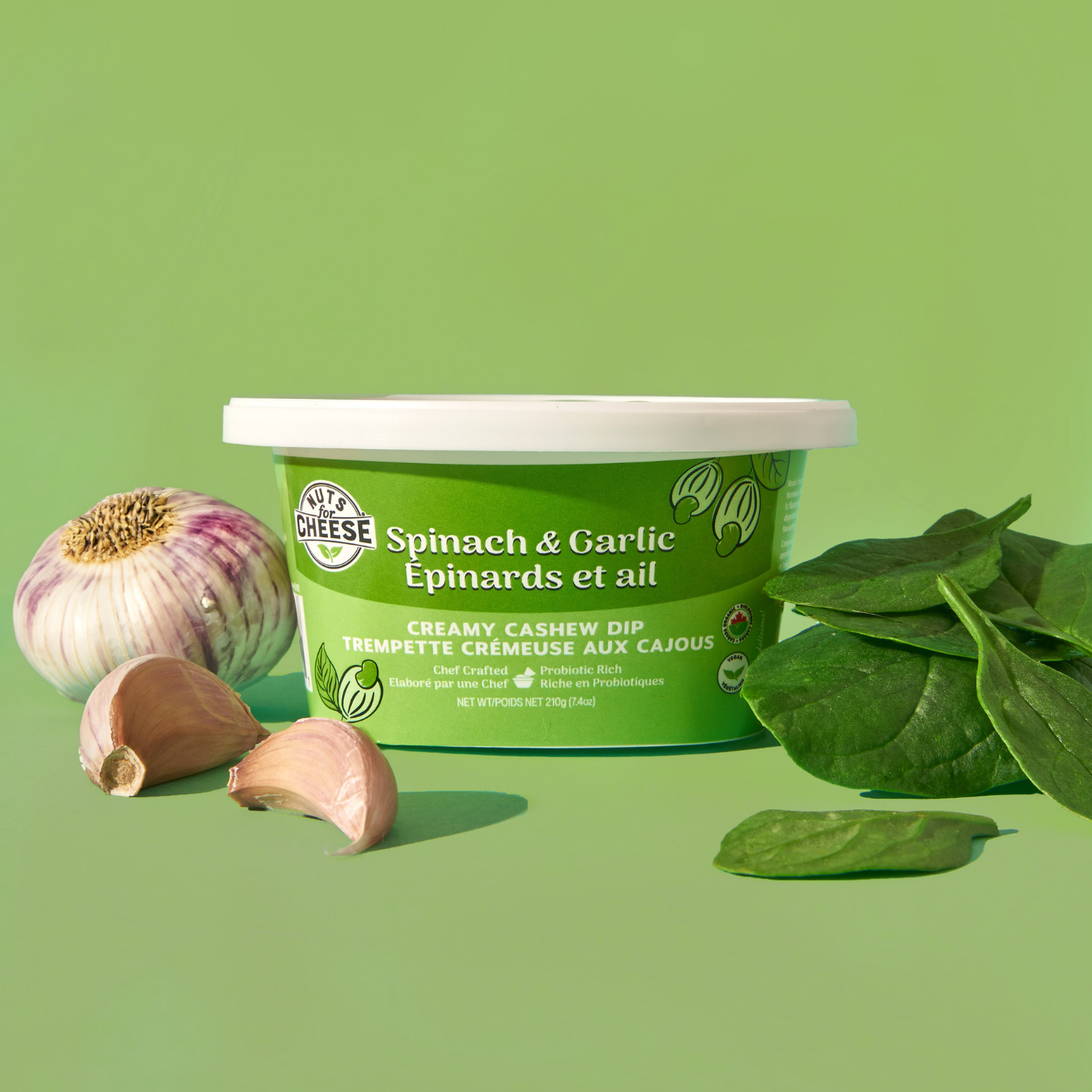 A tub of Spinach & Garlic Creamy Cashew Dip