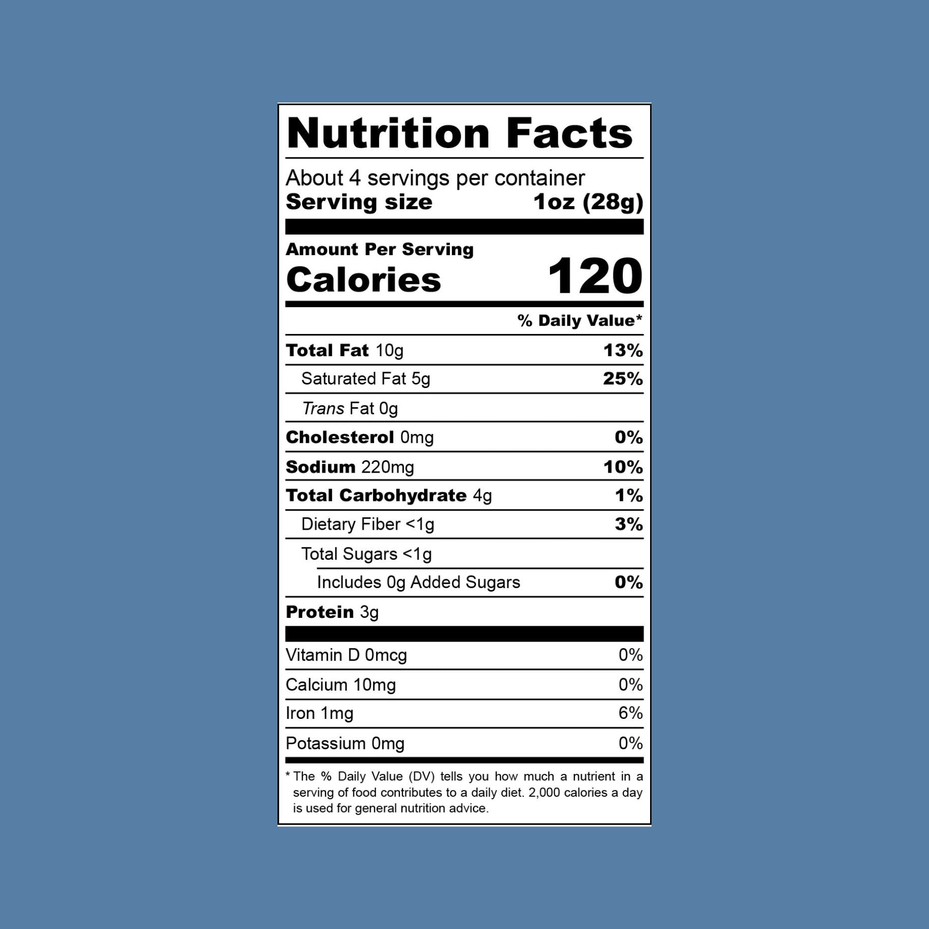 Super Blue Cashew Vegan Cheese Nutrition Facts Blue Background