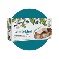 Nuts For Butter™ Organic & dairy-free fermented Salted Original butter package on a turquoise circle background