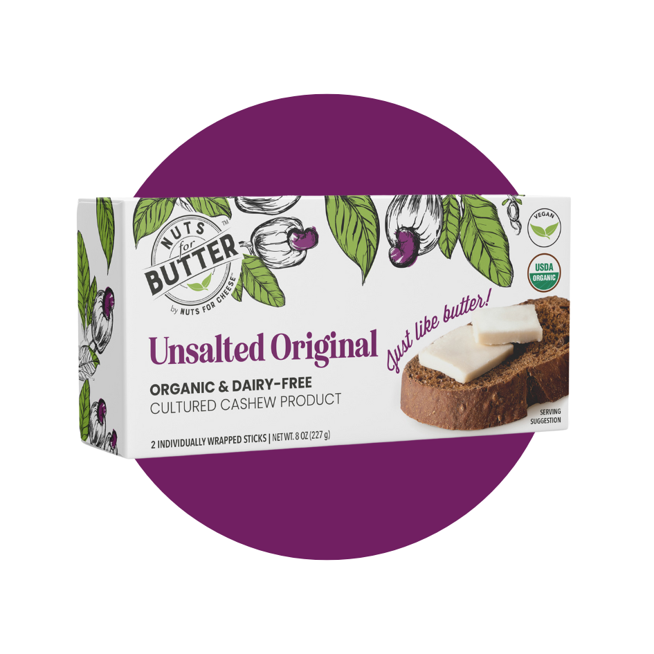 Nuts For Butter™ Organic & dairy-free fermented Unsalted Original butter package on a purple circle background