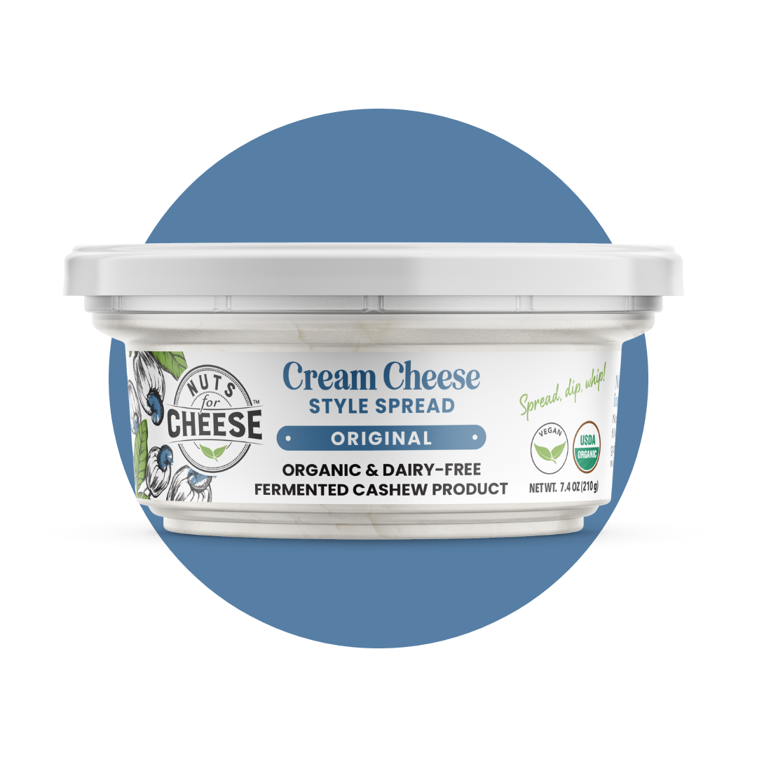 Nuts For Cream Cheese™ Organic & dairy-free fermented Original cream cheese package on a light blue circle background