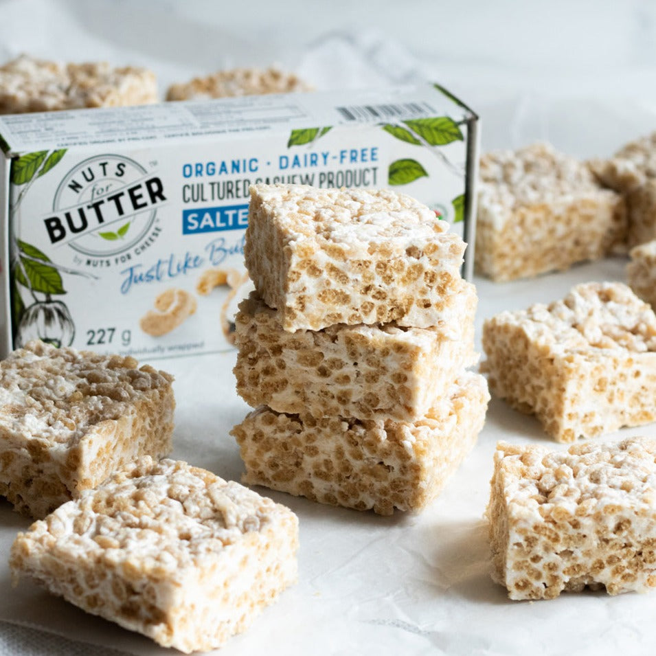 Plant Based Rice Crispy squares with Nuts For Butter™ Organic & dairy-free fermented Salted Original butter package